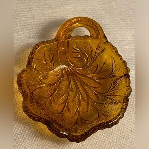 Vintage Indiana Glass Pebble Leaf Amber Dish dip olive dish
